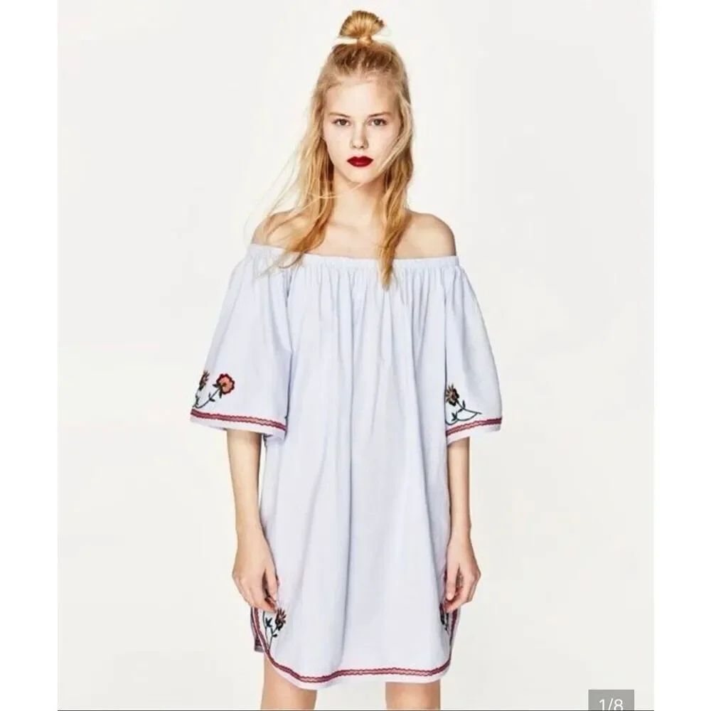 Zara light blue embroidered trim off the shoulder mini summer dress size small